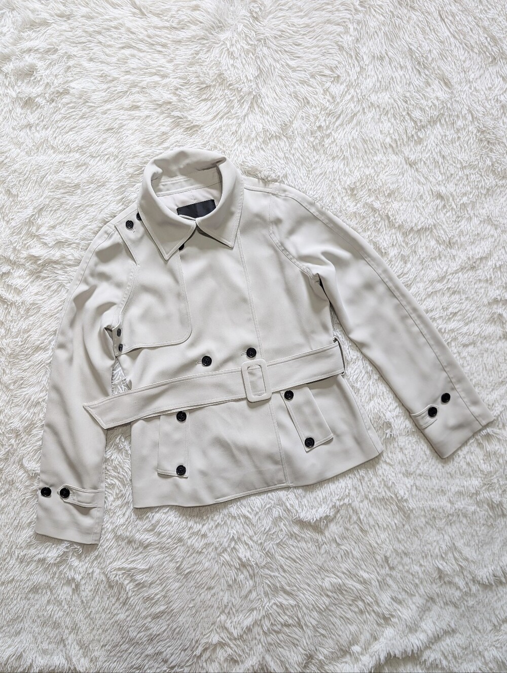 $396 Yansi Fugel Double Breasted Belted Short Trench Coat Grey Crepe Jacket 2